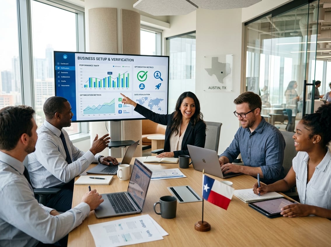 Business professionals working together around a conference table with digital devices and documents in a modern office, with subtle Texas-themed decor.